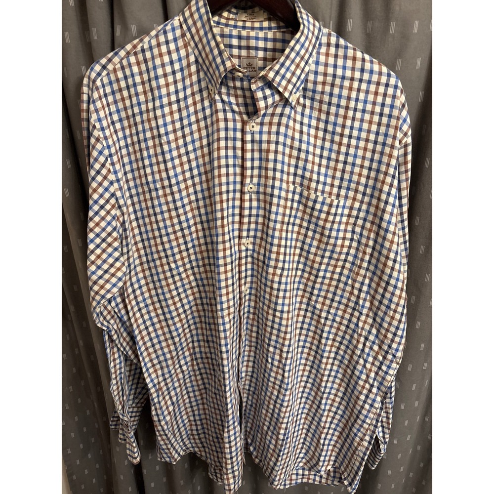 Peter Millar Mens Large Cotton Tattersall Check Button Down Shirt Blue Brown LG